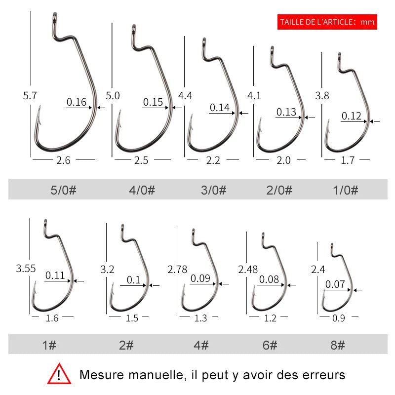 lot de 50pcs d'Hameçons Texans pour la Pêche aux Leurres Souples